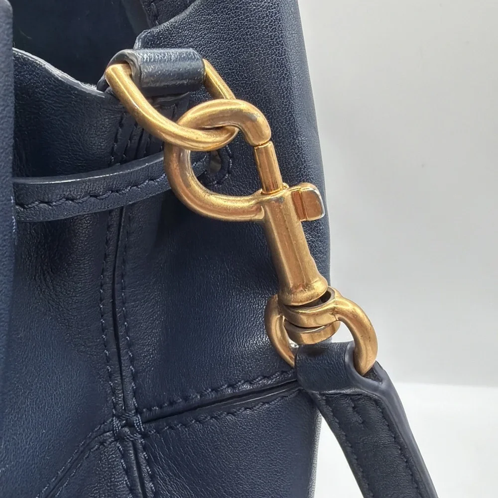 Tory Burch Block T Small Navy Blue Leather Bucket Bag Drawstring Closure